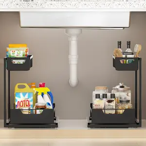 Under Sink Organizer 2 Pack, 2 Tier Slide Out Large Capacity Height Adjustable Under Sink Organizers and Storage for Kitchen Bathroom Cabinet, Black