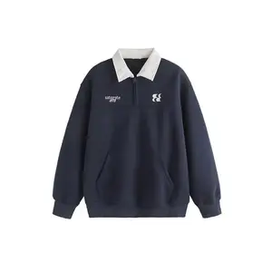 Heavy Polo Collar Sweater Men's Fashion New Letter Embroidery Contrast Color College Casual Long Sleeve