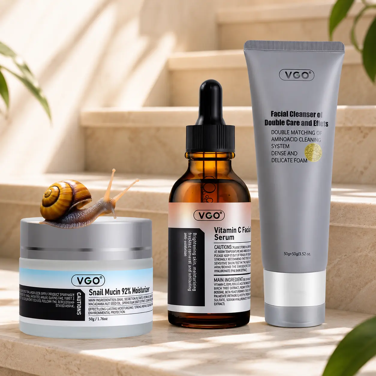 VGO 3-Step Daily Skincare Routine with Vitamin C Serum, Snail Cream & Facial Cleanser - Lightweight Cleansing Set for All Skin Types & Beginners, Evening, Morning Routine, Single Item, Face, Moisturizing, No, Beginner-Friendly
