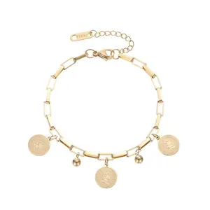 Gold Plated Paperclip Chain Bracelet, Adjustable With Vintage Coin Charms And Tiny Bead Accents For Everyday Wear And Stylish Outfits