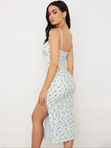 Women's Holiday Ditsy Floral Print Lace-up Side Split Sleeveless Bodycon Slip Dress Sexy Backless Slit Adjustable Straps Party Club Dating Beach Vacation Ladies Summer Chic Elegant Party Dress All Over Print Midi Dresses Clothing Wear