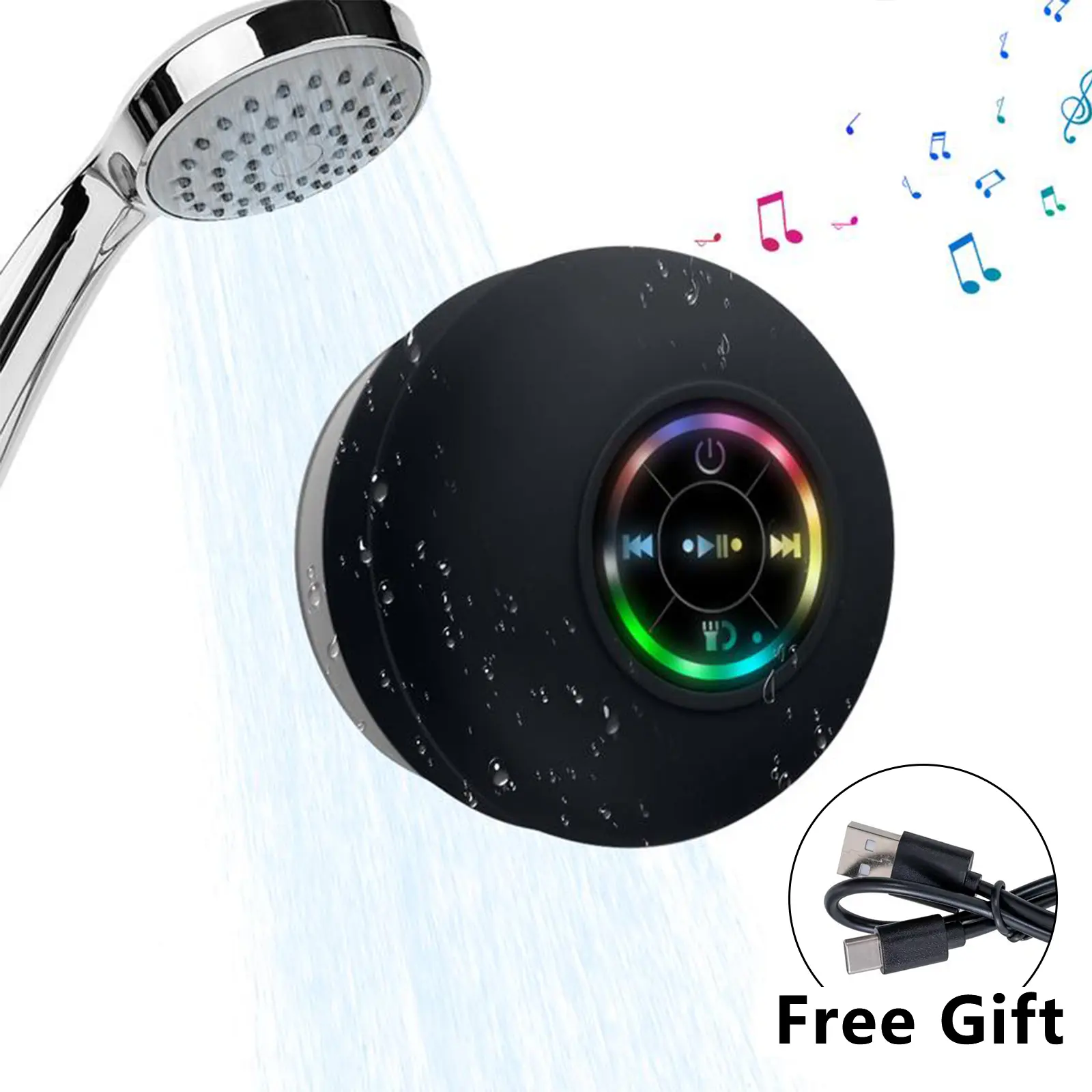 IPX6 Splashproof Bluetooth Shower Speaker with Dynamic RGB LED Lights, USB-C Rechargeable Portable Bathroom Audio Device Built-in Mic for Hands-Free Calls, Must-Have Bath Singing Accessory