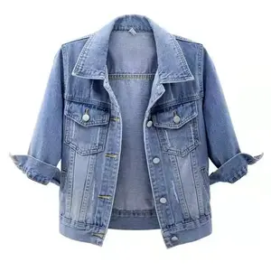 Women Autumn 3/4 Sleeve Retro Short Denim Jackets Light Blue Jean Coats