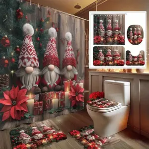 Christmas Three Dwarf Santa Design Shower Curtain Set, Non-Slip Mat, U-Shaped Rug, Toilet Lid Cover, Perfect for Bathroom Decor