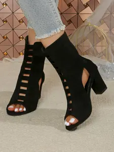 Women's New Fish Mouth Round Toe Chunky Heel Knit Shoes, Fashion Casual Rubber Sole PU Upper, Plain Pattern Low Top Sandals, Open Toe Sandals, Versatile Sandals