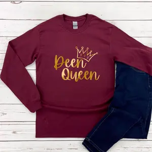 GOLD Deen Queen Long Sleeve Shirt by Humraha | Desi Arab Muslim Fashion Apparel Gifts for Ramadan Eid Nikkah Wedding Couples Families New Moms Aunts Uncles Grandparents | Pakistan India Bangladesh Palestine Lebanon Egypt Syria