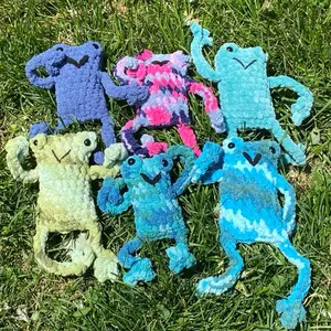 Crocheted Frogs with Silly Legs - Colorful Handmade Toys Featuring Unique Designs and Fun Expressions