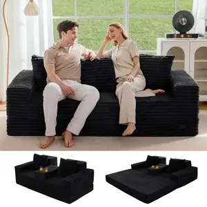 MAXYOYO Loveseat Sofa Bed, Striped Faux Fur Foldable Floor Sofa Couch in A Box, 4 in 1 Convertible Boneless Couch with 2 Cup Holders, Folding Recliner Sleeper Chair, No Assembly Required