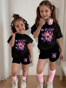 Girls' Casual Short Sleeve Shorts Set, K-Pop Girl Group Print, Fitted Round Neck T-Shirt, Cartoon Pattern, All Seasons