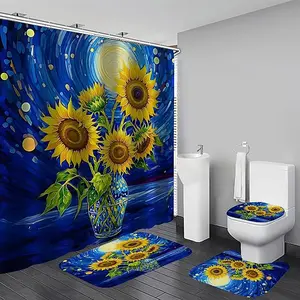 1/4pcs oil painting style sunflower pattern shower curtain set, non-slip mat, U-shaped rug, toilet seat cover, perfectly suited for bathroom decoration, partitioning, and beautifying the space. Includes 12 shower curtain hooks.