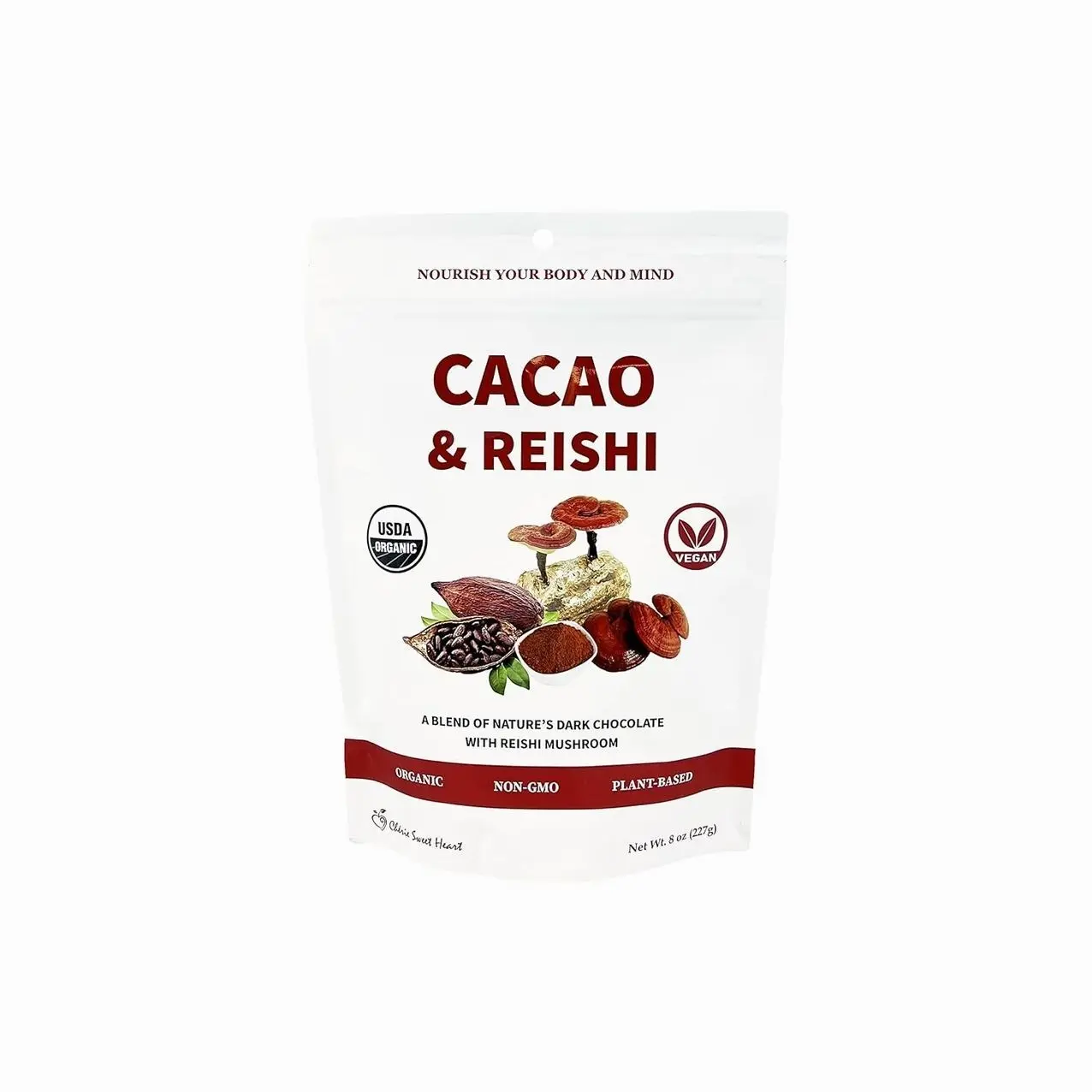 Cacao & Reishi Mushroom Blend Powder, 8oz - Organic, Non-GMO, Vegan, Gluten Free, Keto Bag – Antioxidant-Rich Raw Cacao with Adaptogens to Support Relaxation & Wellness