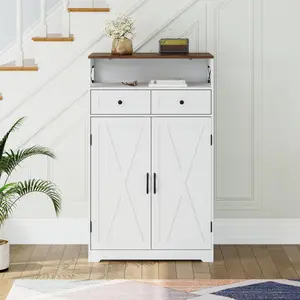 Shoe Storage Cabinet, Narrow Modern Farmhouse Freestanding Shoe Rack Organizer with Drawers, Doors & Adjustable Shelves, for Entryway, Living Room, Hallway, Brown and White