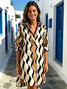 Summer New Retro Colorblock Wave Pattern Shirt Dress, Loose Lazy Style Collar Dress, Beach Vacation Commute Mid-Length Dress
