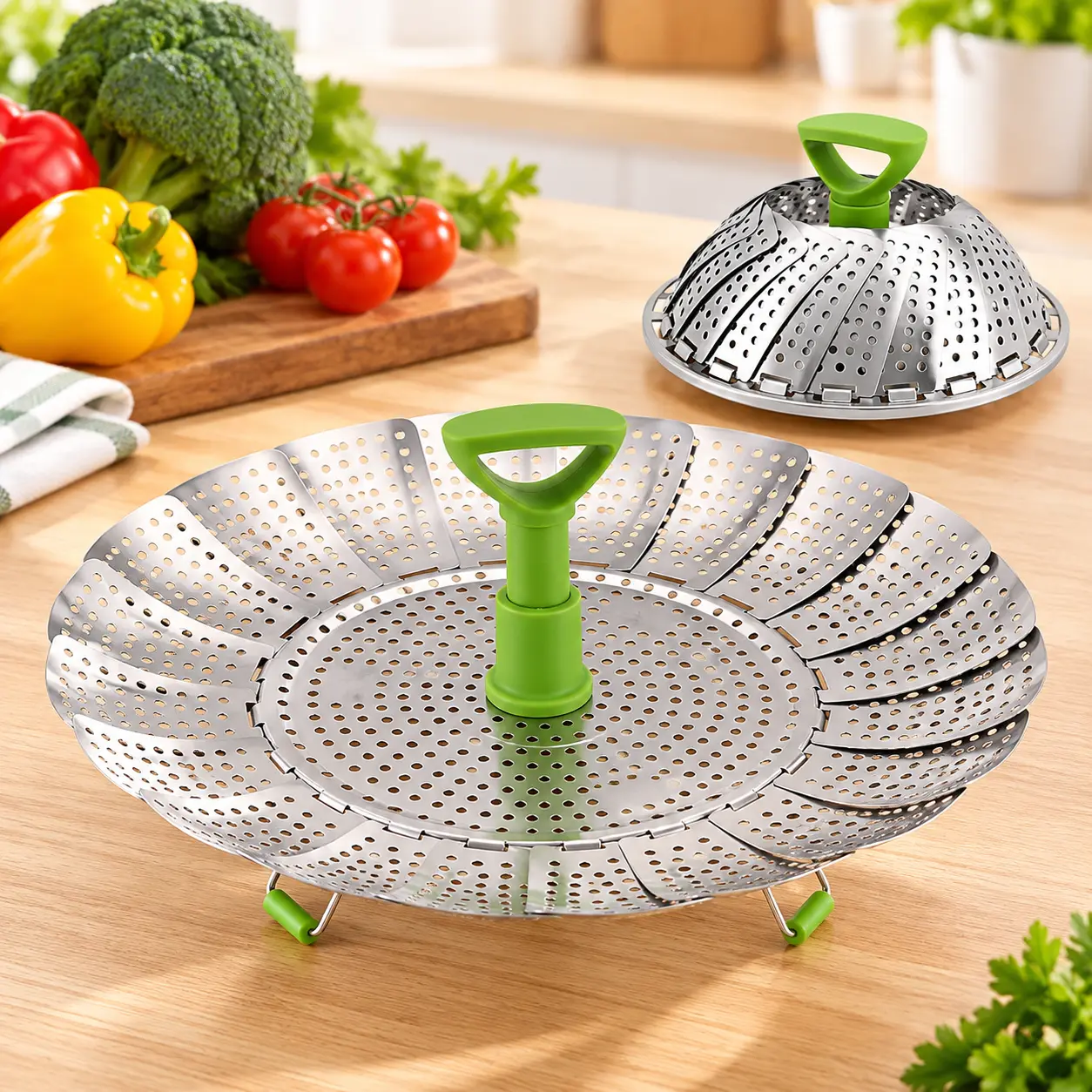 Vegetable Steamer Basket for Cooking Food, Stainless Steel Veggie Steam Basket for Pot, Folding Expandable Steaming Insert with Extendable Handle Fits Various Size Pot