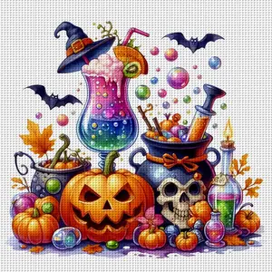 Halloween Magic Party Cross Stitch Kit, 11 Grids DIY Color Hand Embroidery Design, Home Wall Decor Gift, Frameless, 14.17x14.17 Inches