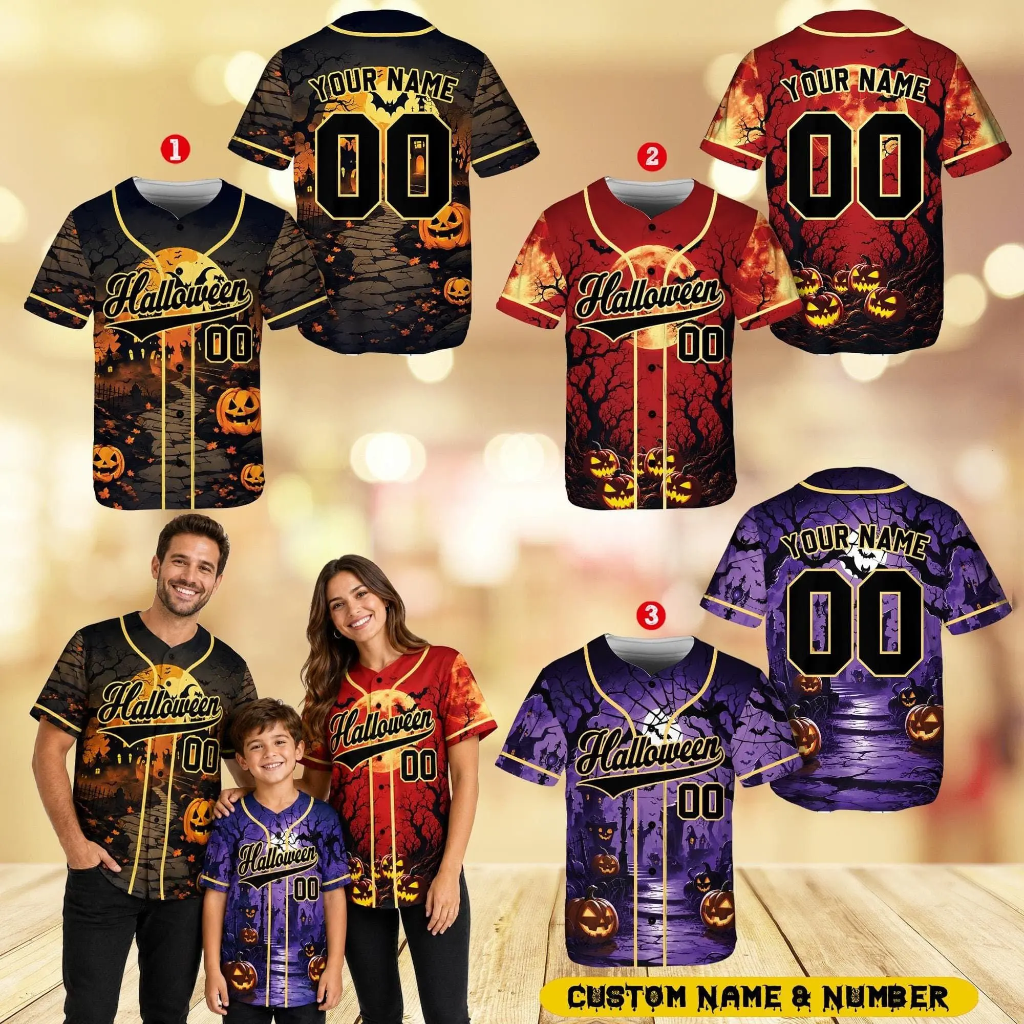 Personalized Halloween Baseball Jersey, Custom Name Number Neon Jack O Lantern for Adult Kid Youth, Family Matching Outfit, Spooky Season