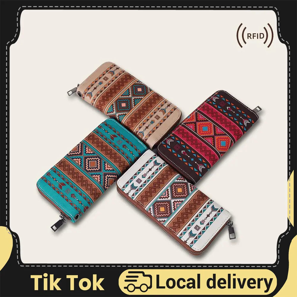 Women's Boho Chic Western RFID Blocking Polyester Wallet - Waterproof Casual Small Travel Wristlet, All Over Geometric Print, Zippered Pockets, Card Slots, Western Accessories, Ideal Gift for Women, Gifts For Girlfriend, Card Holder, Lightweight Wristlet