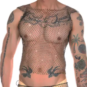 Men Fishnet Sexy Tank Tops Rhinestone Shiny See-Through Hollow Vest Mesh Sleeveless T-Shirt Transparent Clothing