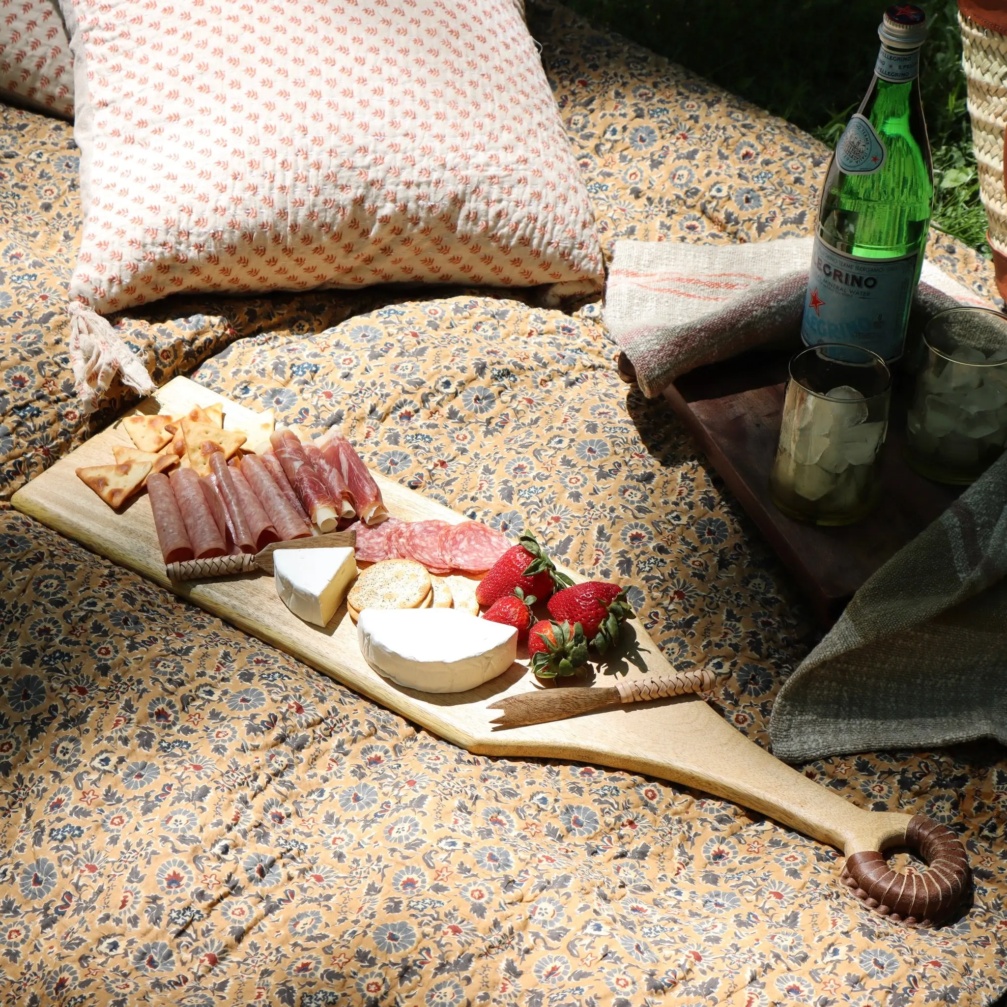 Mango Wood Cheese Board with Braided Leather Handle - 28 Inch