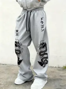 Men's Dragon Pattern Drawstring Waist Sport Pants, Casual Gothic Joggers, Loose Fit, All Seasons, Unisex, Daily Wear