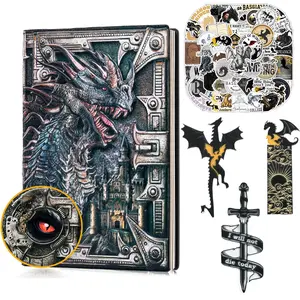 Vintage Dragon Embossed Leather Notebook, 1 Set Including 1 Count A5 Journal with 3 Counts Bookmarks & 104pcs Stickers, Writing Notebook Gift for Men & Women, Travel Diary Notebook