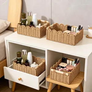 Handwoven Organizer Basket with Curved Edge Design, for Cabinet Top, Living Room Entryway Bathroom Decor Piece
