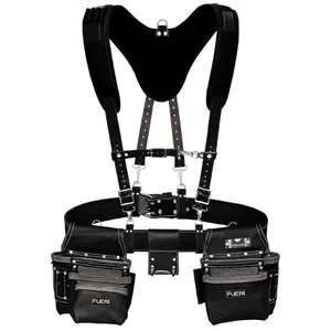 FUERI 17 Pocket Leather Tool Belt with Suspenders,Comes with Padded Belt, Big Pouches, Hammer Holder,Suspender loops and Leather Suspender, Ideal for Construction Workers, Carpenters and Electrician.