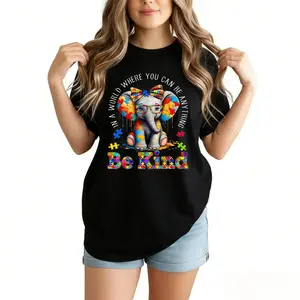 Elephant With Puzzle Pieces And Be Kind Print T Shirt Crew Neck Casual Wear For Women And Girls