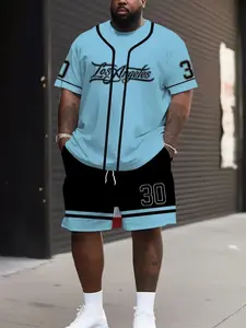 Men's 3D Letter Number Print Casual Set, Large Size Round Neck Short Sleeve T-Shirt & Drawstring Shorts, Summer Vacation Workout Wear, Menswear, Clothes