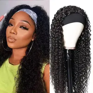 Headband Wigs-Water Wave Headband Wigs Human Hair For Women, 16-26 Inches Remy Hair Full Machine Made Black Curly Hair Band Wigs