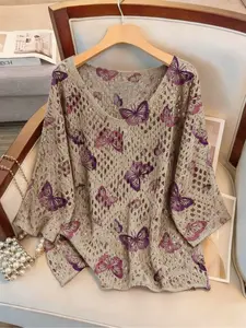 Women's Butterfly Print Long Sleeve Knit Top, V Neck Casual Elegant Vacation Style Sweater, Loose Batwing Shoulders, Spring Summer Fall Fashion Knitwear