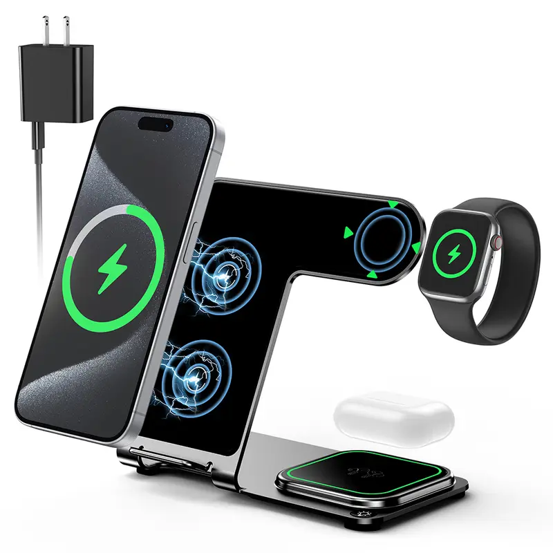 3 in 1 Metal Wireless Charger with Heat Dissip & Cooling - Stylish & Minimalist Appearance, Phone+Watch+Earbuds Charger for iPhone 15/14/13/12/11 (Excluding Mini Series), AirPods 2/3/Pro/Pro 2, Wide Compatible Devices