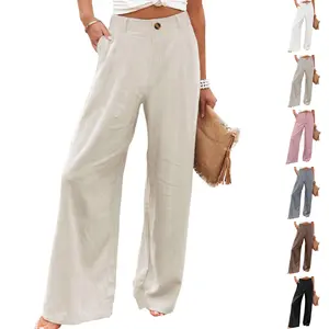 Molitree Women's Cotton Linen Wide Leg Pants High Waisted Loose Fit Casual Trousers with Button Up Breathable Summer Travel Beach Pants Apricot
