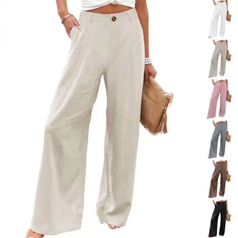 Molitree Women's Cotton Linen Wide Leg Pants, High Waisted Loose Fit Casual Trousers with Button Front, Breathable Lightweight Summer Pants for Travel Beach Vacation