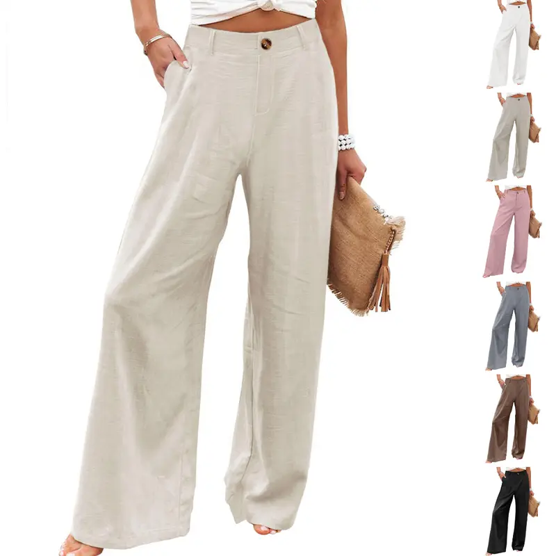 Molitree Women's Natural Fabric H-Type High-Waisted Cotton-Linen Wide Leg Pants - Comfy Everyday Basics Button-Front Casual Trousers, Breathable Lightweight for Travel Beach,sohochic