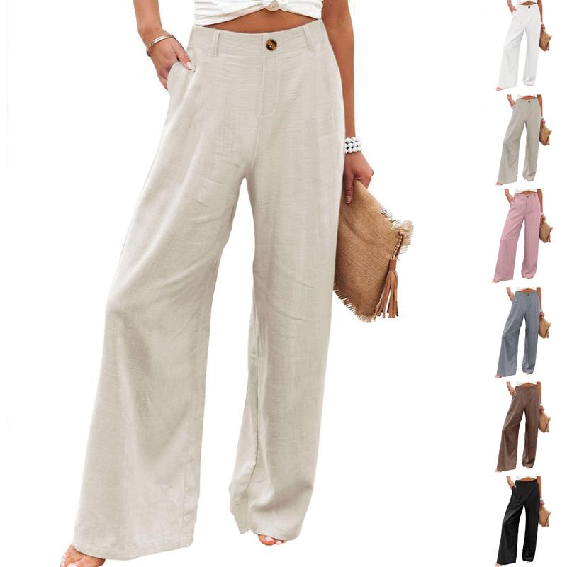 Molitree Women's Cotton Linen Wide Leg Pants, High Waisted Loose Fit Casual Trousers with Button Front, Breathable Lightweight Summer Pants for Travel Beach Vacation