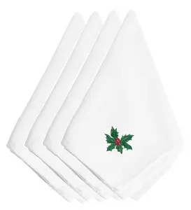 212 MAIN Christmas Holly Embroidered Napkins, Set of 4, Polyester Material, Washable, Lay-Flat Dry Design