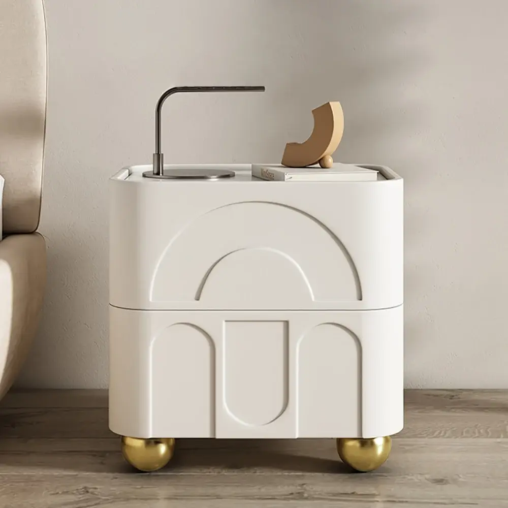【Clearance】Homary Modern White Smart 2-Drawer Bedroom Nightstand - Sintered Stone Top, Wireless Charger, Geometric Globular Legs, Compact 17.7" Wide, Smart Metal Indoor Furniture, Assembly Required Bedside Table, Nightstand With Drawers, Modern Bedroom