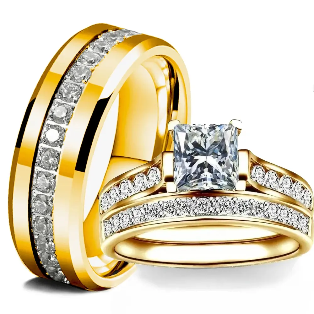 Couple Rings Exquisite Women Rhinestones Zirconia Rings Set Simple Gold Color Men Stainless Steel CZ Stone Rings Wedding Jewelry