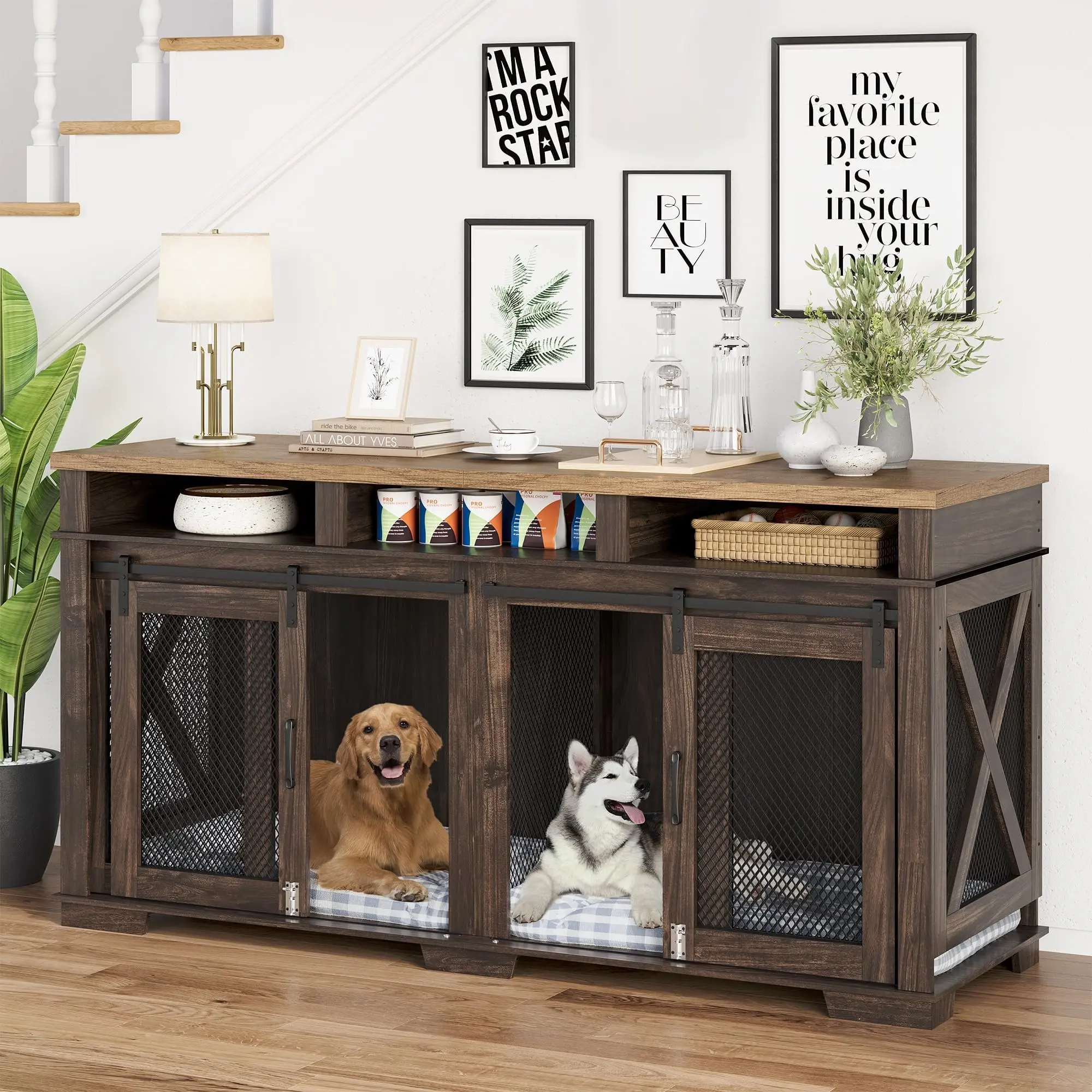 【GARVEE】71" Heavy Duty Double Dog Crate Furniture with Removable Divider and 3 Storage Compartments, Indoor Furniture Style Dog Kennel Table for Large and Medium Dogs in Dark Walnut
