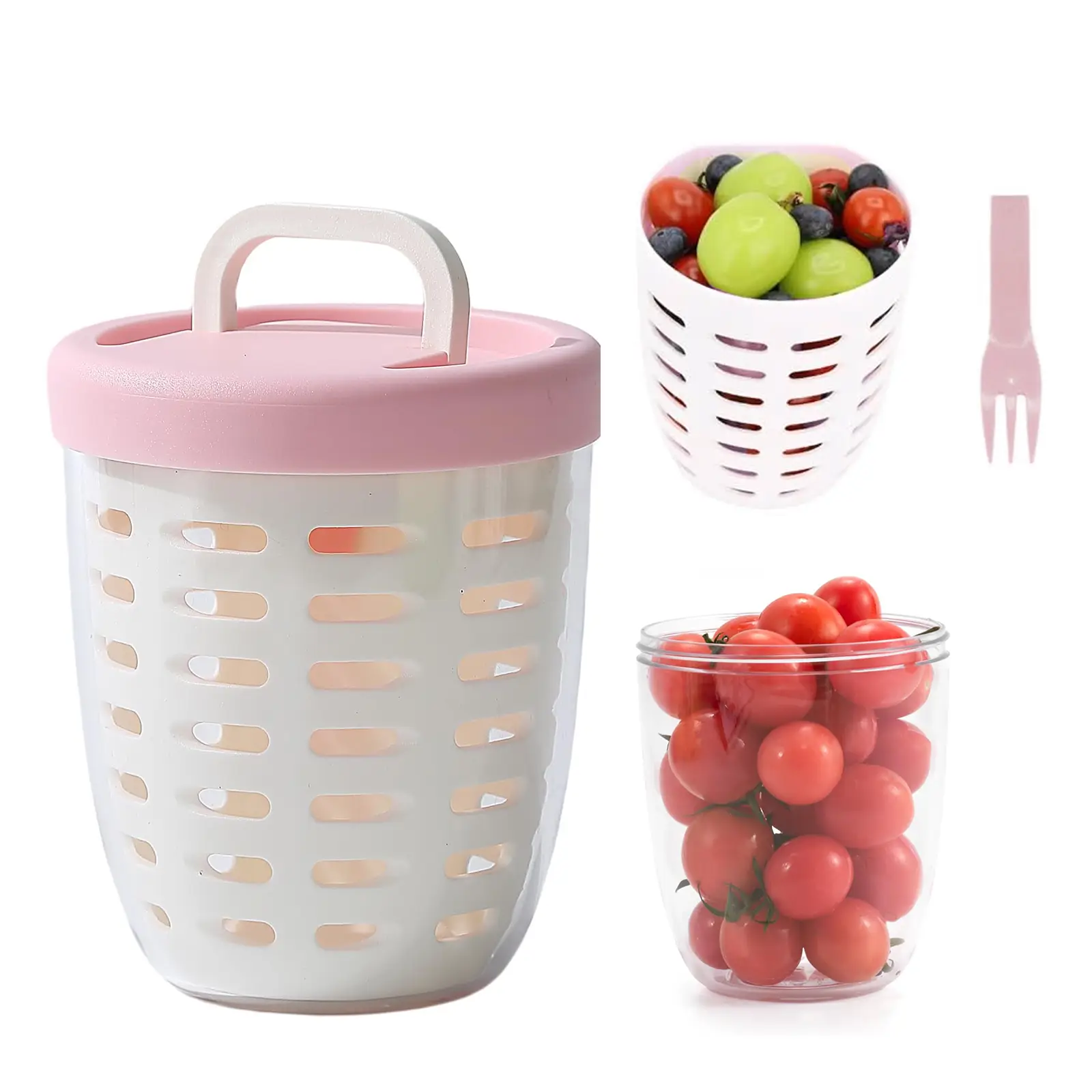 Portable Picnic Party Fruit Salad Storage Cup with Lids and Fork,20 Oz Fruit Storage Containers for Fridge with Removable Colander BPA-Free,Leak-Proof