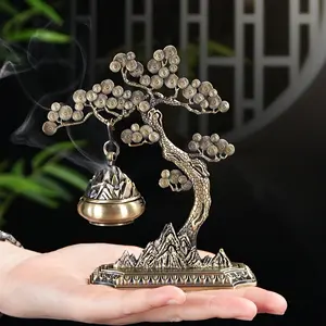 LASODY ib271 Welcoming Pine Traditional Chinese Copper Alloy Incense Bowl, Bronze Finish Hanging Bowl with Bell-Like Dome & Hanging Plate, Zen Meditation Altar Decor for Home/Office, Golden Metal Burner (No Scent Included)