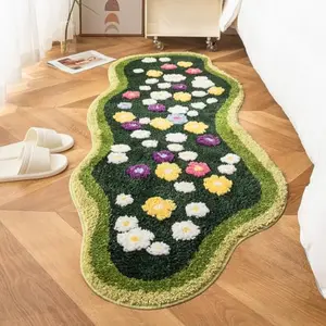 Irregular Moss Carpet Long Rug Runner Colored Small Flowers Green Moss Long Area Rug for Bedroom Living Room Luxury Moss Runner Carpet for Bedside Non Slip Machine Washable (47x24inch)