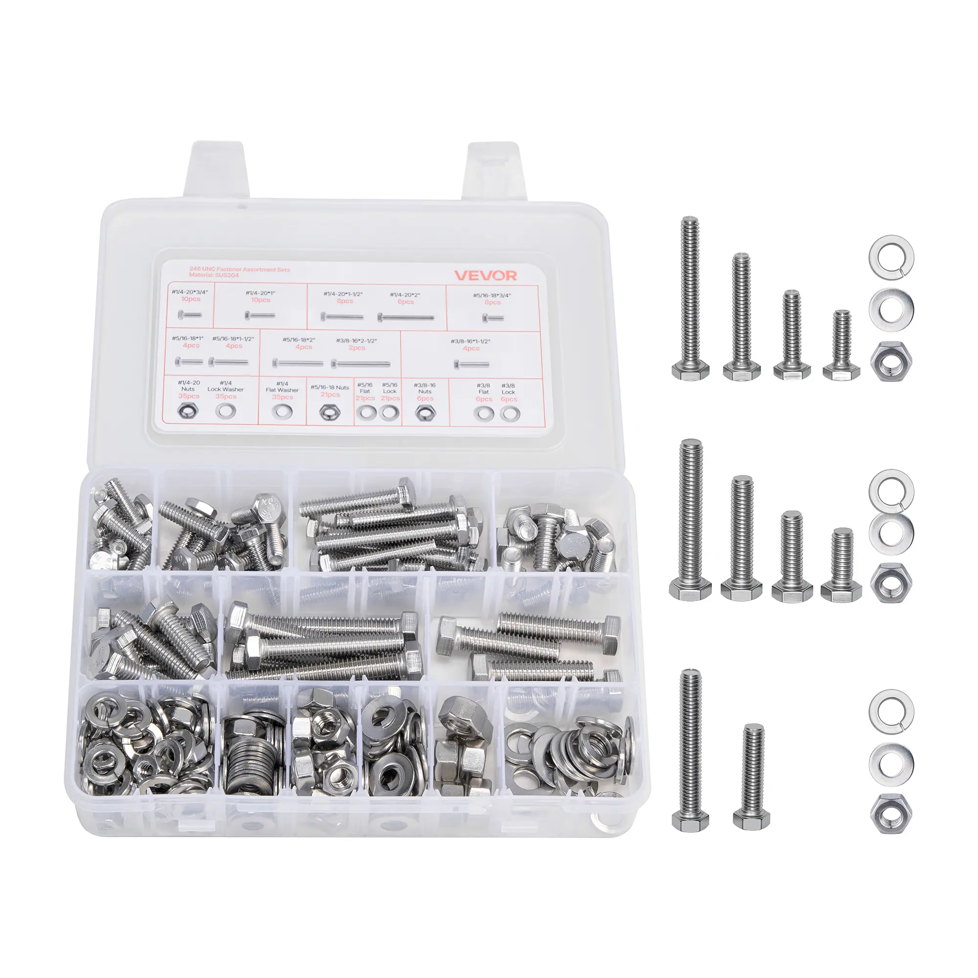 【DealsForYouDays】VEVOR 246 Pcs Bolts and Nuts Assortment Kit,Imperial Screws and Flat WashersStainless Steel 1/4-20,5/16-18,3/8-16Spring Lock Washers for Furniture / Equipment /Vehicle Assembly with Case