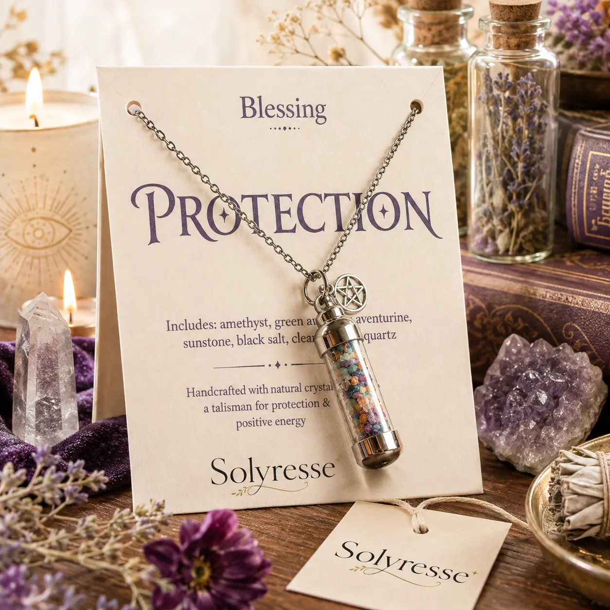Women's Witchy Wish Bottle Pendant Jewelry, Gothic Pentagram Pagan Amulet, Stainless Steel Crystal Charm Necklace With Crystal Chips, 20in Chain Spiritual Protection Accessory, Pendants Jewelry, Crystal Charm Necklaces