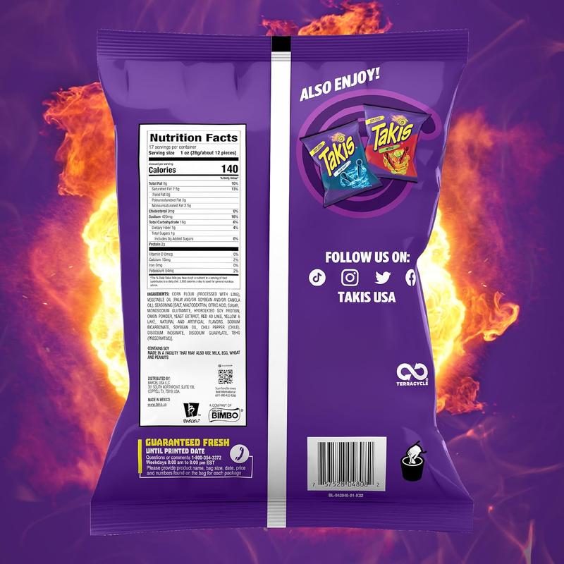 Takis Fuego 17 oz Fiesta Size Bag, Hot Chili Pepper & Lime Flavored Extreme Spicy Rolled Tortilla Chips