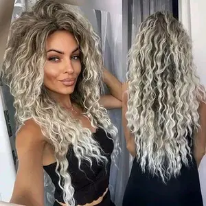 25" Long Kinky Curly Heat Resistant Synthetic Wig - Ombre Brown To Blonde Full Lace Cap Unisex Costume Hairpiece