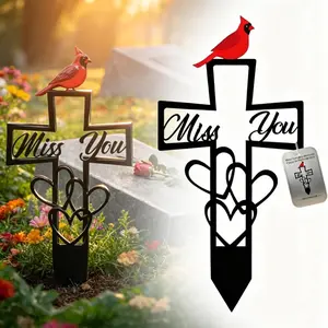 Metal Cemetery Memorial Plaque for Remembrance, Cardinal Memorial Grave Markers with Cross, "Miss You" Script & Heart, Garden Outdoor Stake for Cemetery, Garden, Memorial Tribute