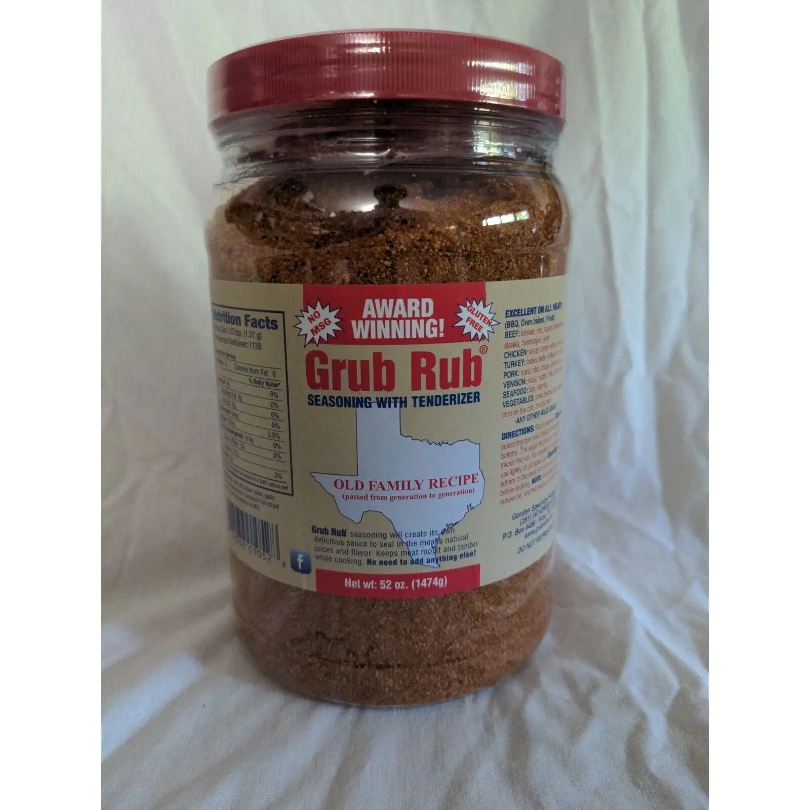Gordon Specialty Foods Grub Rub Seasoning With Tenderizer 52 Ounce Jug