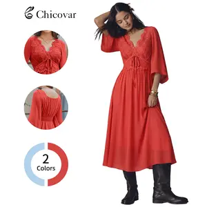 Chicovar Women's Summer Boho Midi Dress, Chiffon Fabric, Deep V Neck, 3/4 Sleeve, Floral Lace Design, Elastic Waist, A-Line, Smocked Flowy Dress Perfect for Vacation, Party, Daily Wear, Beach Wear, Summervibes
